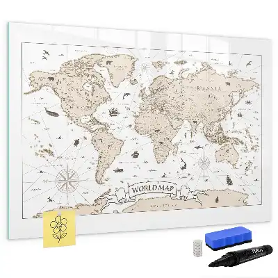 Magnetisch glazen schrijfbord met vintage wereldkaart print
