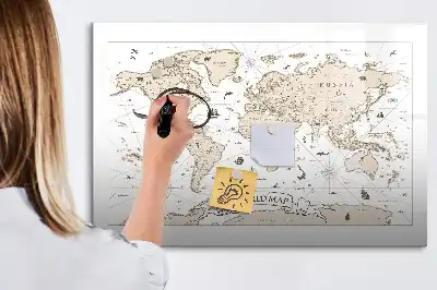 Magnetisch glazen schrijfbord met vintage wereldkaart print