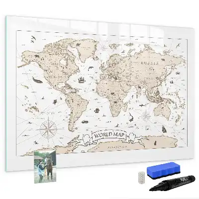 Magnetisch glazen schrijfbord met vintage wereldkaart print