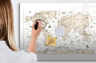 Magnetisch glazen schrijfbord met vintage wereldkaart print