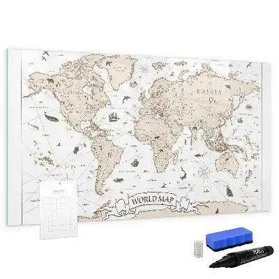 Magnetisch glazen schrijfbord met vintage wereldkaart print