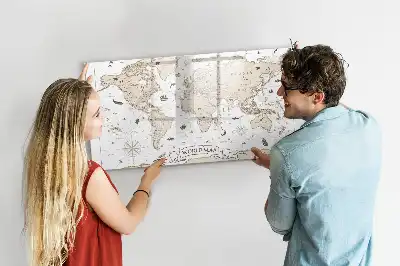Magnetisch glazen schrijfbord met vintage wereldkaart print