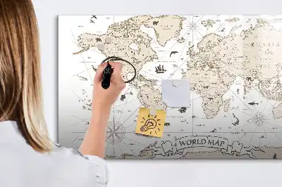 Magnetisch glazen schrijfbord met vintage wereldkaart print