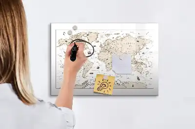 Magnetisch glazen schrijfbord met vintage wereldkaart print