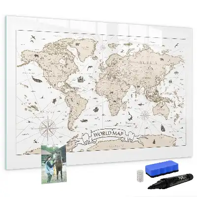 Magnetisch glazen schrijfbord met vintage wereldkaart print