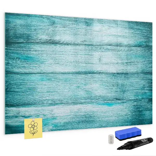 Beschrijfbaar glazen magneetbord met design in oud blauw hout