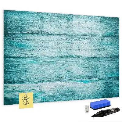 Beschrijfbaar glazen magneetbord met design in oud blauw hout