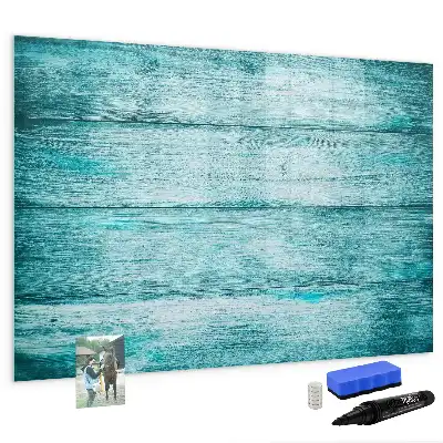 Beschrijfbaar glazen magneetbord met design in oud blauw hout