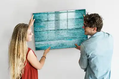 Beschrijfbaar glazen magneetbord met design in oud blauw hout