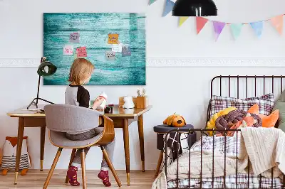 Beschrijfbaar glazen magneetbord met design in oud blauw hout