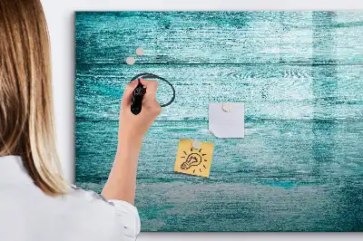 Beschrijfbaar glazen magneetbord met design in oud blauw hout