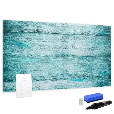 Beschrijfbaar glazen magneetbord met design in oud blauw hout