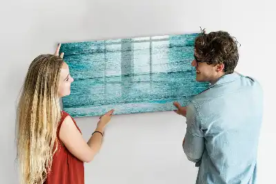 Beschrijfbaar glazen magneetbord met design in oud blauw hout