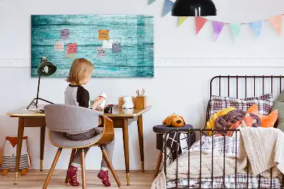 Beschrijfbaar glazen magneetbord met design in oud blauw hout