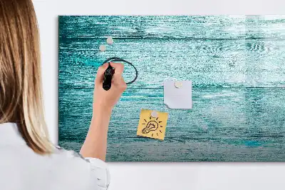 Beschrijfbaar glazen magneetbord met design in oud blauw hout