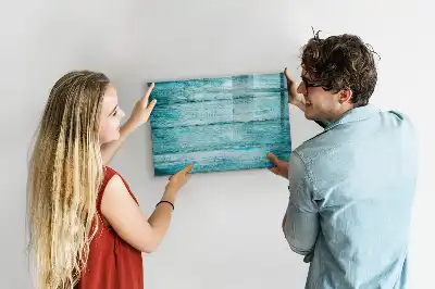 Beschrijfbaar glazen magneetbord met design in oud blauw hout