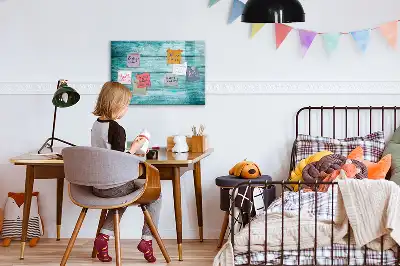 Beschrijfbaar glazen magneetbord met design in oud blauw hout