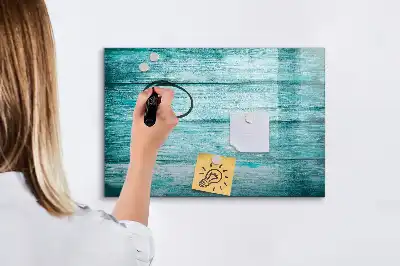 Beschrijfbaar glazen magneetbord met design in oud blauw hout