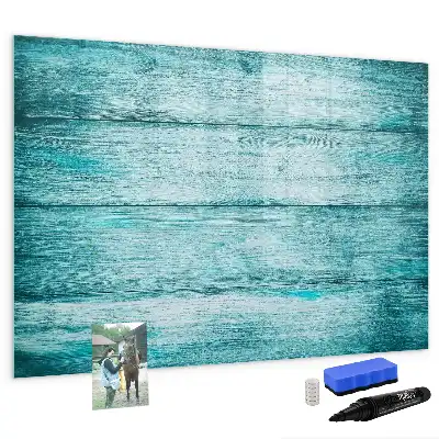 Beschrijfbaar glazen magneetbord met design in oud blauw hout