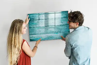 Beschrijfbaar glazen magneetbord met design in oud blauw hout