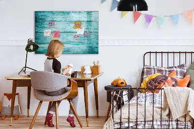Beschrijfbaar glazen magneetbord met design in oud blauw hout