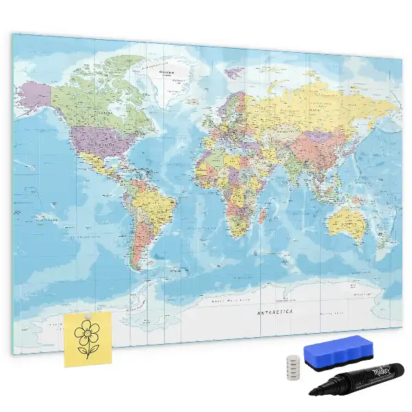 Magnetisch glazen schrijfbord met een politieke wereldkaart voor notities en foto's