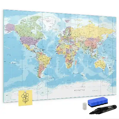 Magnetisch glazen schrijfbord met een politieke wereldkaart voor notities en foto's