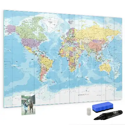 Magnetisch glazen schrijfbord met een politieke wereldkaart voor notities en foto's