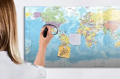 Magnetisch glazen schrijfbord met een politieke wereldkaart voor notities en foto's
