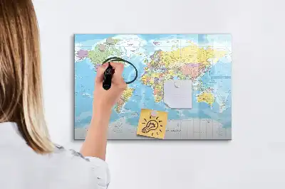 Magnetisch glazen schrijfbord met een politieke wereldkaart voor notities en foto's