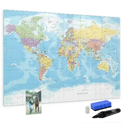 Magnetisch glazen schrijfbord met een politieke wereldkaart voor notities en foto's