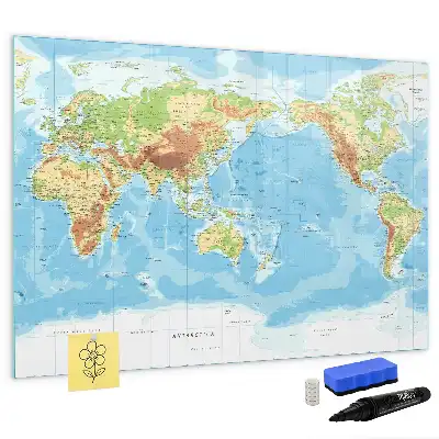 Glazen magneetbord met design van een fysieke wereldkaart