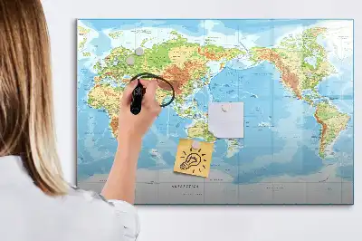 Glazen magneetbord met design van een fysieke wereldkaart