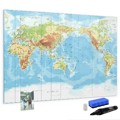 Glazen magneetbord met design van een fysieke wereldkaart