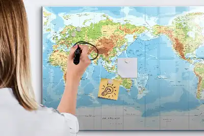 Glazen magneetbord met design van een fysieke wereldkaart