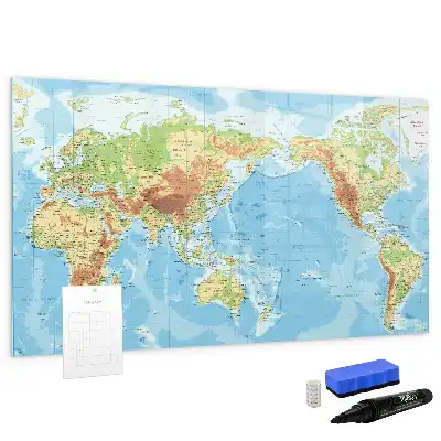 Glazen magneetbord met design van een fysieke wereldkaart