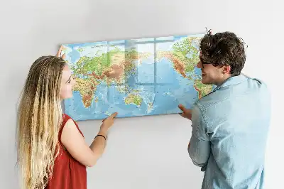 Glazen magneetbord met design van een fysieke wereldkaart