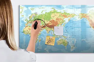 Glazen magneetbord met design van een fysieke wereldkaart