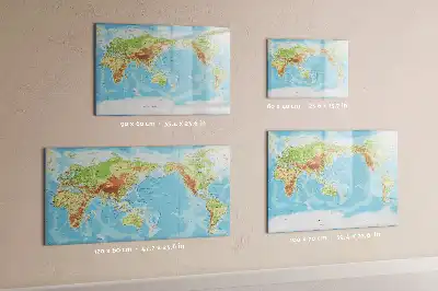 Glazen magneetbord met design van een fysieke wereldkaart