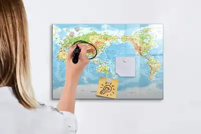 Glazen magneetbord met design van een fysieke wereldkaart