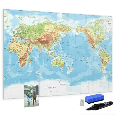 Glazen magneetbord met design van een fysieke wereldkaart