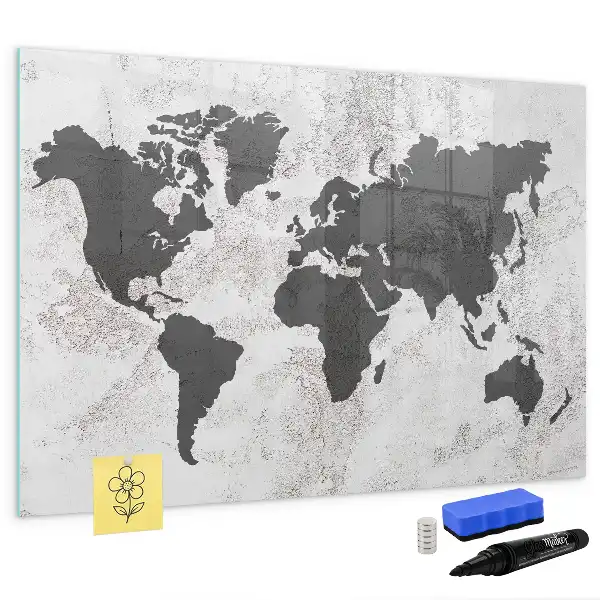 Beschrijfbaar glazen magneetbord met wereldkaart ontwerp in betonlook