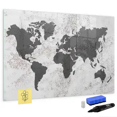 Beschrijfbaar glazen magneetbord met wereldkaart ontwerp in betonlook