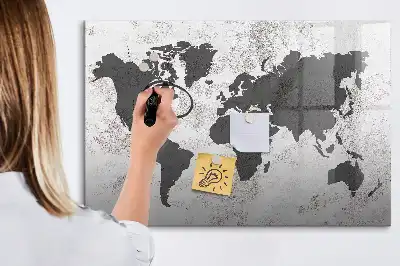 Beschrijfbaar glazen magneetbord met wereldkaart ontwerp in betonlook