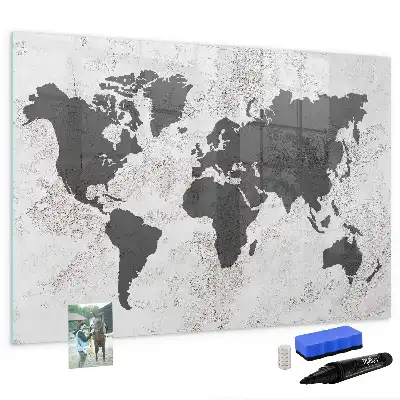 Beschrijfbaar glazen magneetbord met wereldkaart ontwerp in betonlook