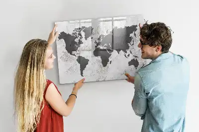 Beschrijfbaar glazen magneetbord met wereldkaart ontwerp in betonlook