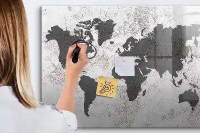 Beschrijfbaar glazen magneetbord met wereldkaart ontwerp in betonlook