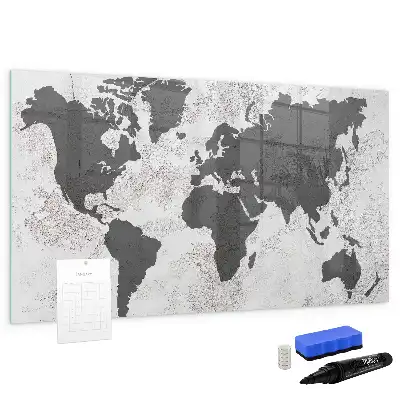 Beschrijfbaar glazen magneetbord met wereldkaart ontwerp in betonlook