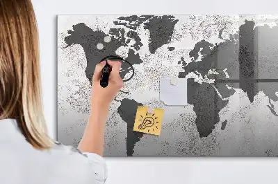 Beschrijfbaar glazen magneetbord met wereldkaart ontwerp in betonlook