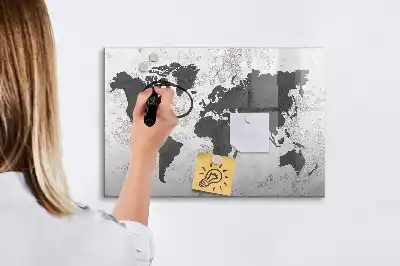 Beschrijfbaar glazen magneetbord met wereldkaart ontwerp in betonlook